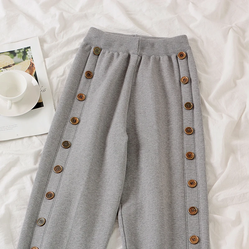 BGTEEVER стильные прямые трикотажные штаны с боковыми пуговицами женские зимние