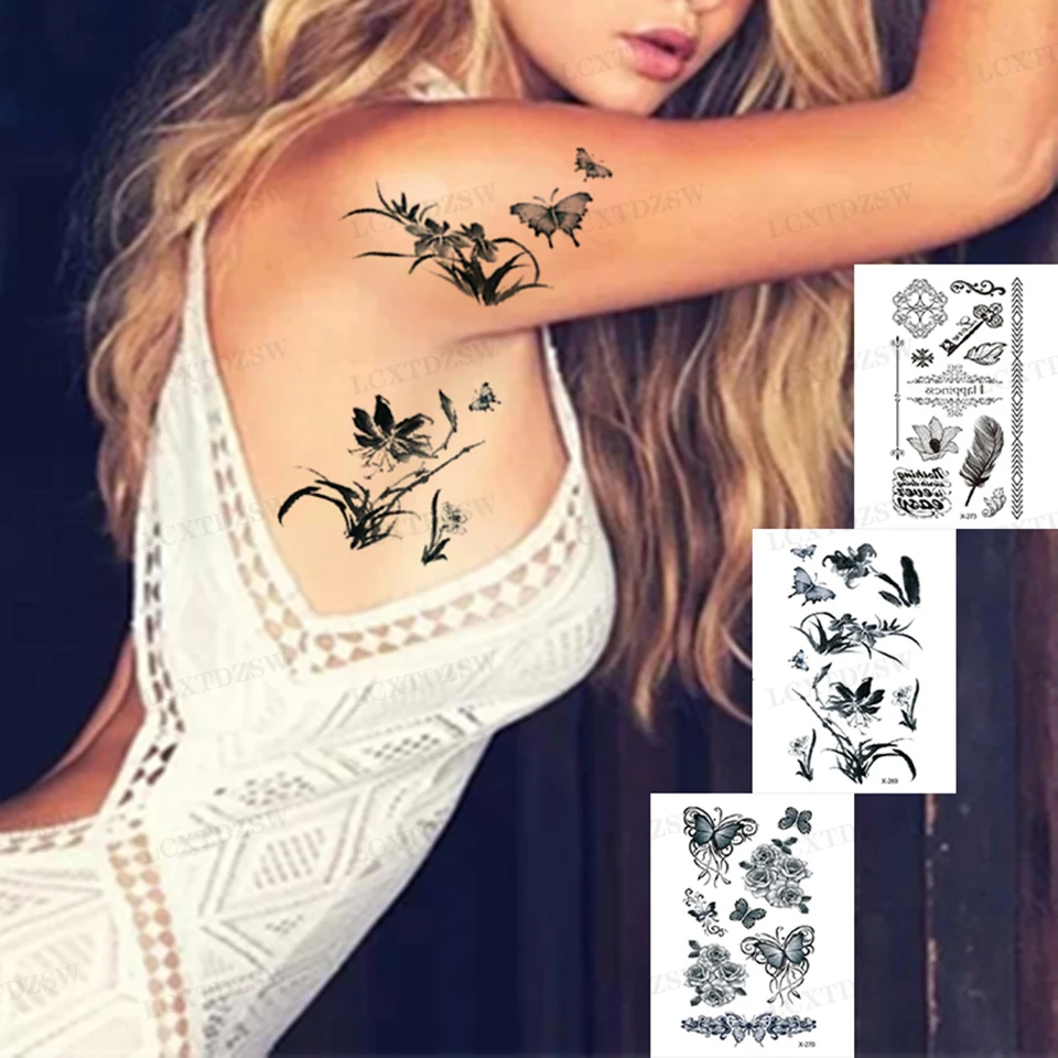 

Temporary Small Tattoo Stickers For Men And Women, Black Flowers, Geometric False Tattoos, Waterproof And Durable, Arms, Legs