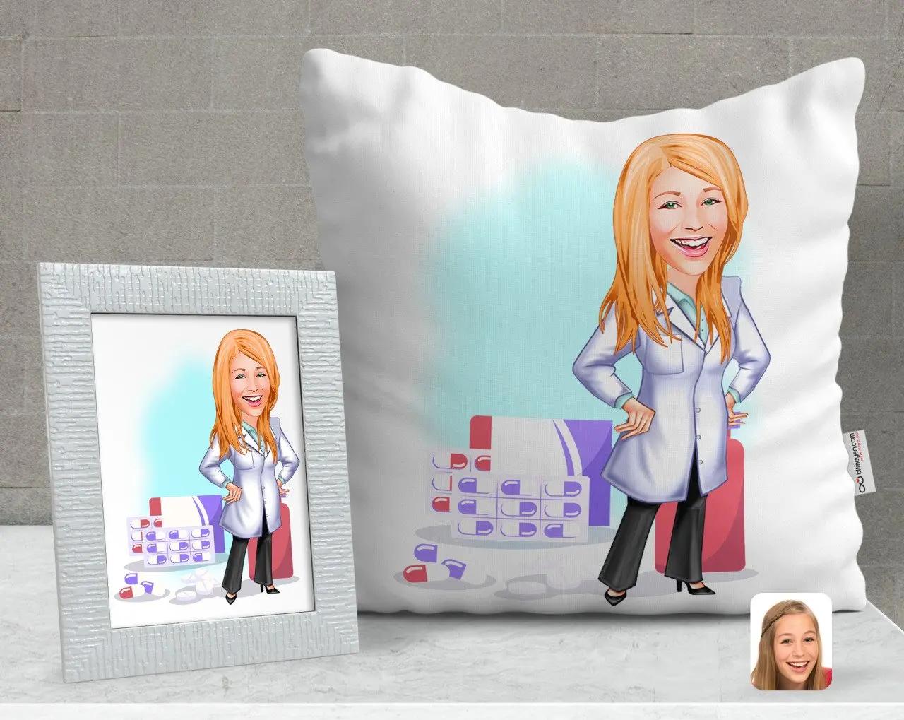 

Персонализированные Женские фармацевт карикатура декоративная подушка и рамка подарок Seti-3