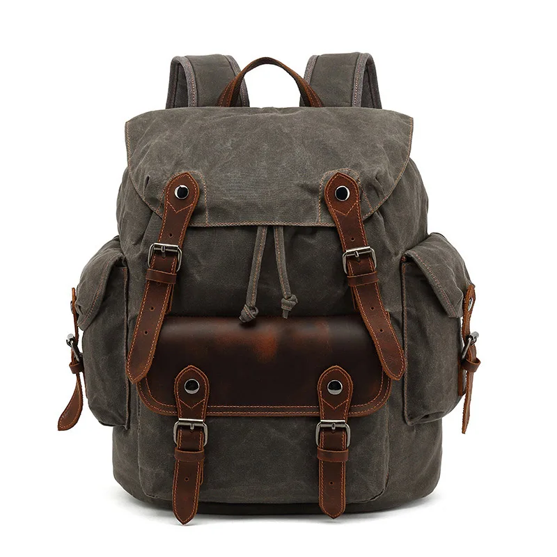 Vintage Canvas Backpacks For Men Oil Wax Leather Laptop Backpack Travel Waterproof School Daypacks Retro Bagpack Large Capacity