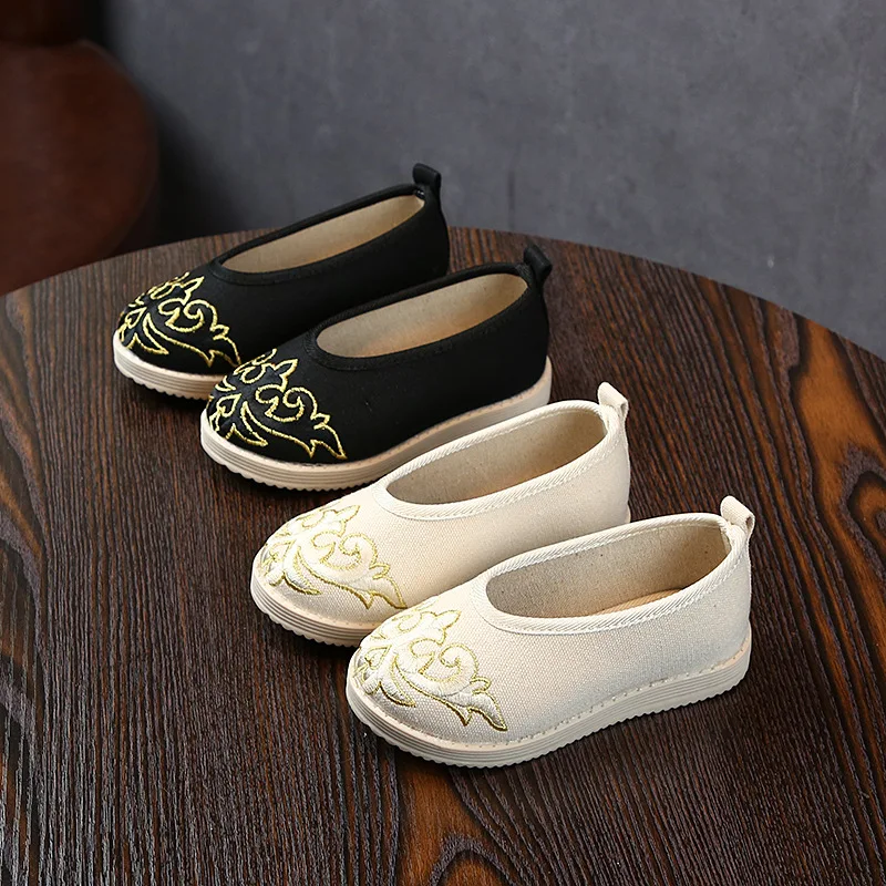 

Chinese Antiquity Style Boys Shoes Traditional Canvas Shoes for Kids Girls Retro Performance Cosplay Shoes Embroidered Flats
