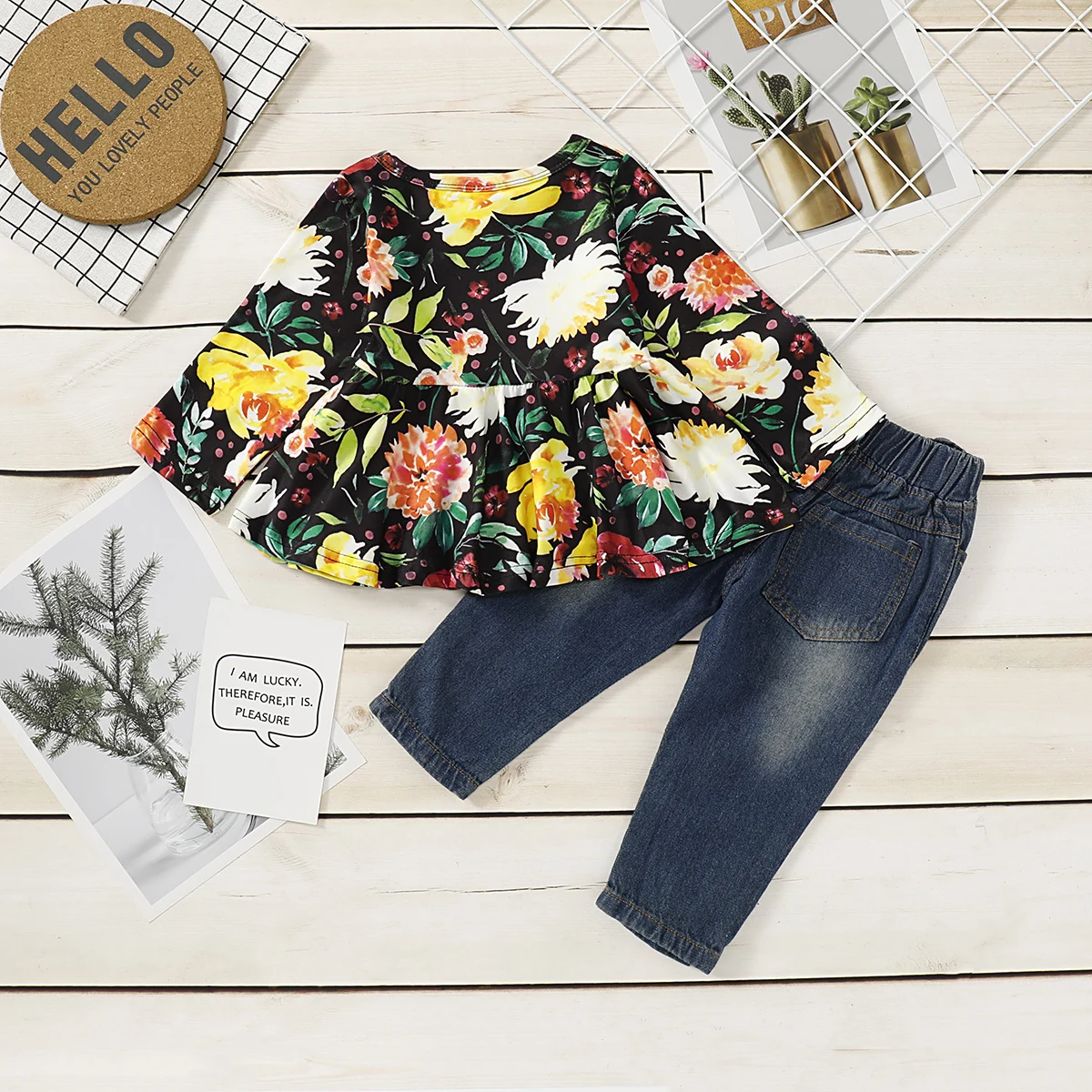 2pcs Kids Baby Girls Outfits Casual T-shirt Tops Long Ripped Pants Leggings Clothes Set Autumn floral sleeve clothing | Детская одежда