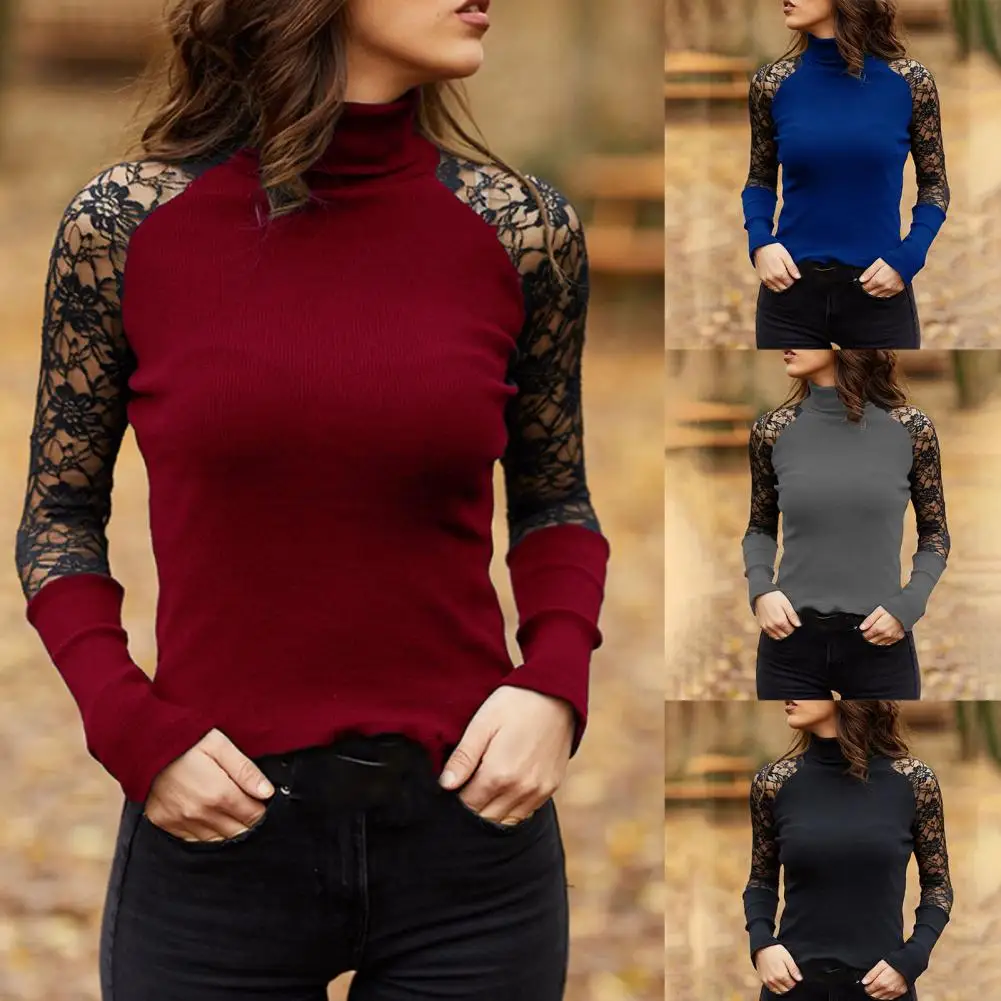 

Woman pullover Spring Autumn 2021 Long Sleeve Hollow blouse Lace Slim Femme Elasticity Pullovers pull femme