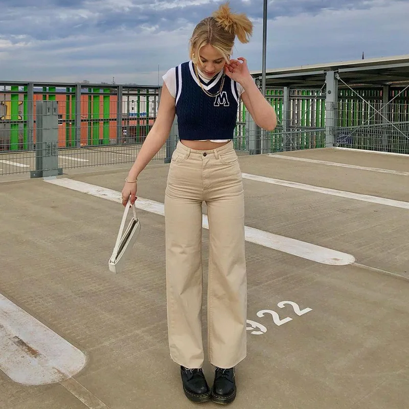 

2021 spring and summer women's casual college style V-neck twist color letter woolen vest women's short