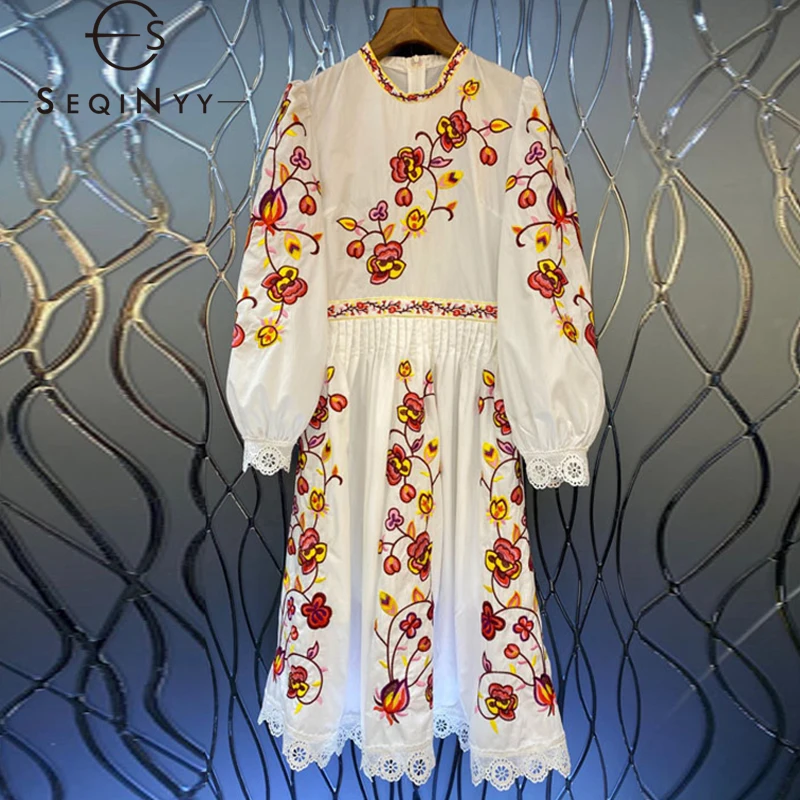 

SEQINYY 95% Cotton Dress Spring Autumn New Fashion Design Women Runway Embroidery Retro Flowers High Quality Lace A-Line Knee