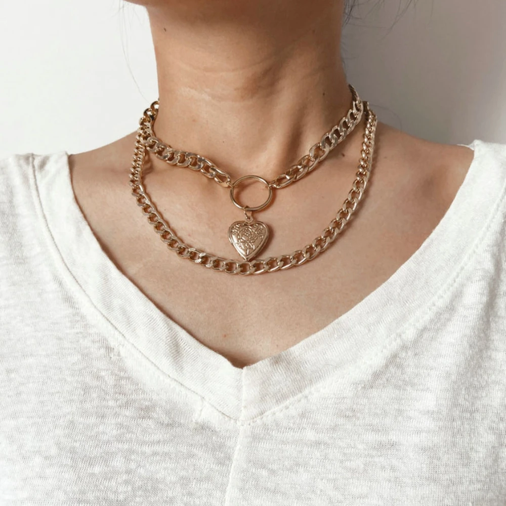 

Vintage Trend Love Heart Pendant Necklace Choker Retro Alloy Double Layer Clavicle Chain Necklaces for Women Jewelry