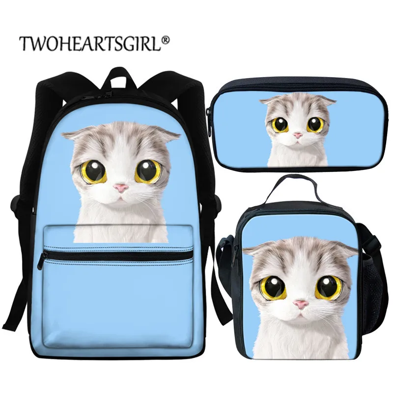 

Школьный портфель twoheart с рисунком кошки и головы, набор из 3 школьных сумок с лицом животного, синего/коричневого цвета, для подростков