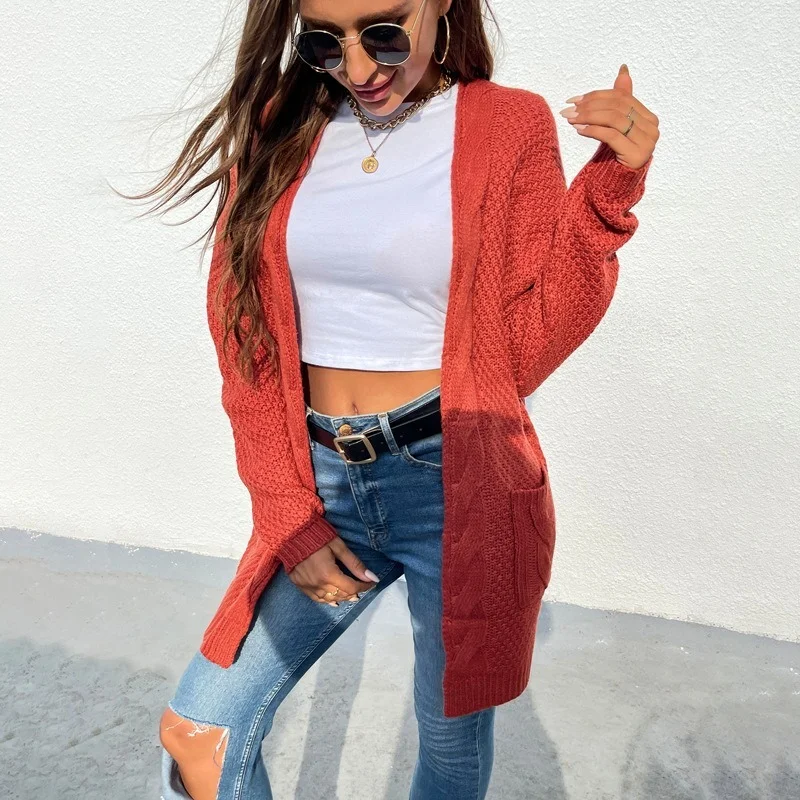 

Retro Solid Colors Long Knitted Cardigans Women Autumn Winter Warm Loose Casual Coats Fashion V-Neck Big Pocket Knitted Sweaters