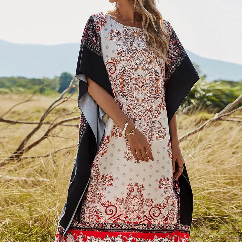 

2021 Bandage Women's Robe Loose Printed Maxi Smock Dress Female Casual O Neck Summer Boho Beach Blouse Long Dresses Folk-custom