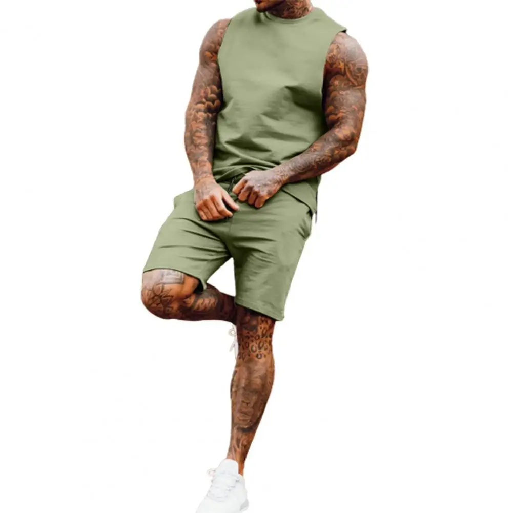 

Male Tracksuit Set Sleeveless Tank-Top Sweatpant Shorts Comfortable Wearing Casual Style Fitness Men Running Sportswear Set