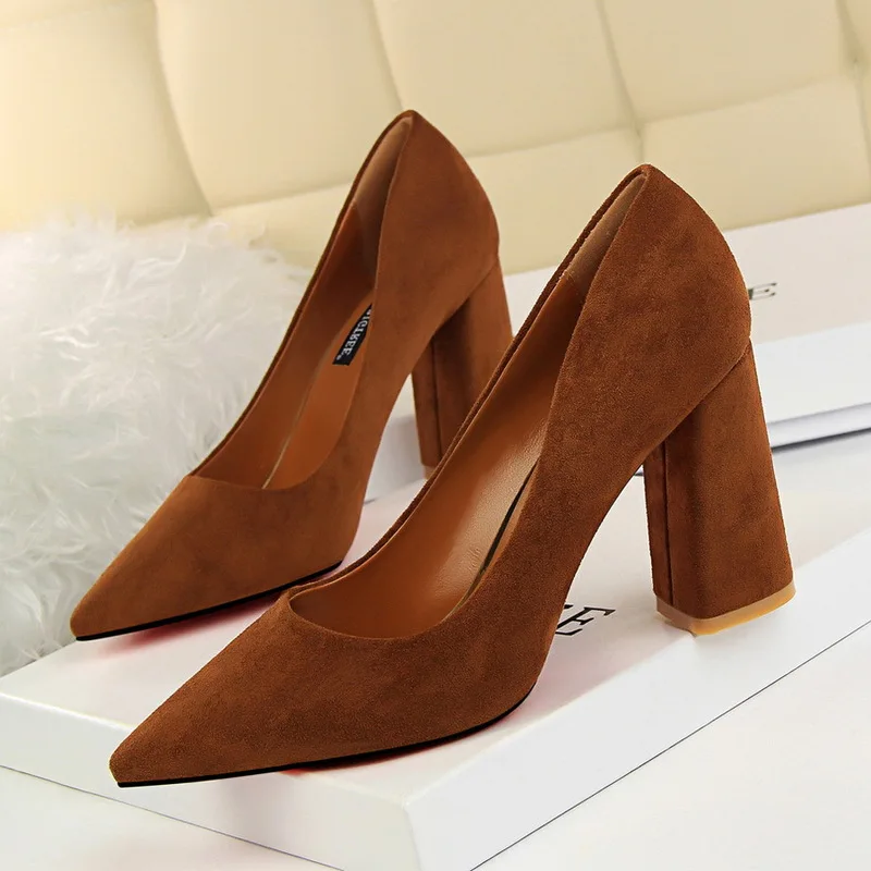 

2020 New occident simple thick heel suede high heels shallow Pointed Toe Office Career slim sexy women's shoes zapatos de mujer