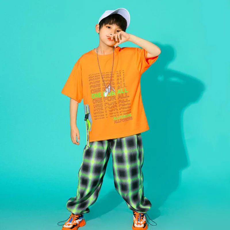 

Kids Hip Hop Show Clothing T Shirt Tops Street wear Cargo Shorts Plaid Pants For Girls Boys Jazz Dance Costume Show Outfits