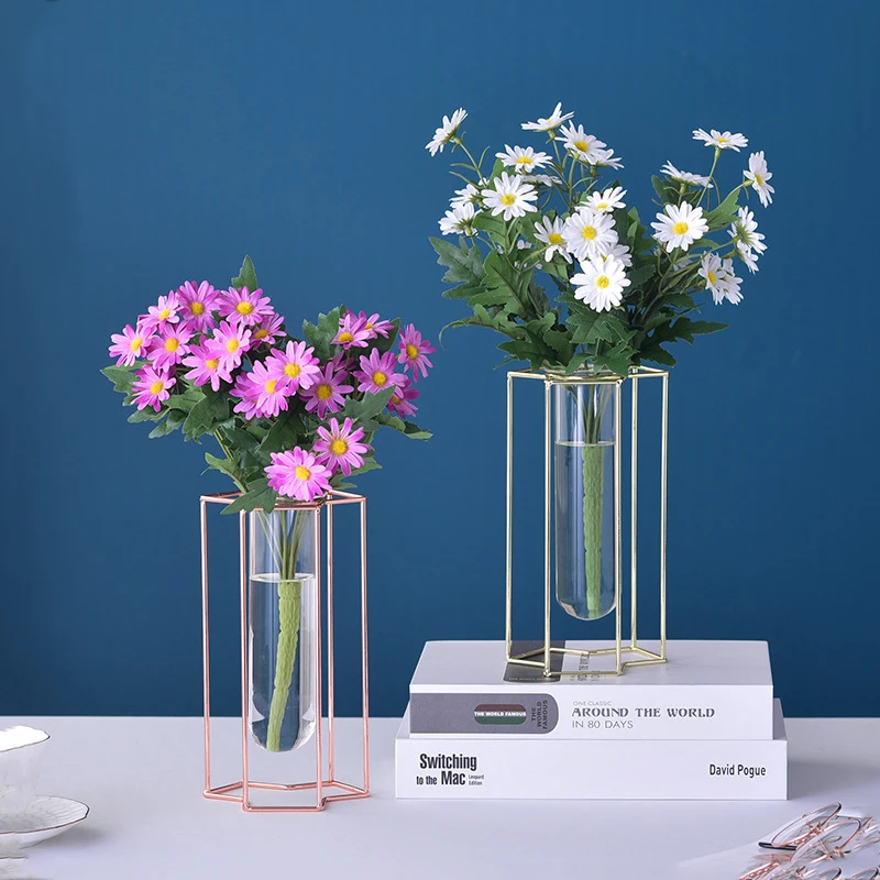 

Nordic Iron Line Vase Hydroponic Plant For Flower Holder Golden Flower Pot Geometric Creative Glass Vases Home Room Decoration