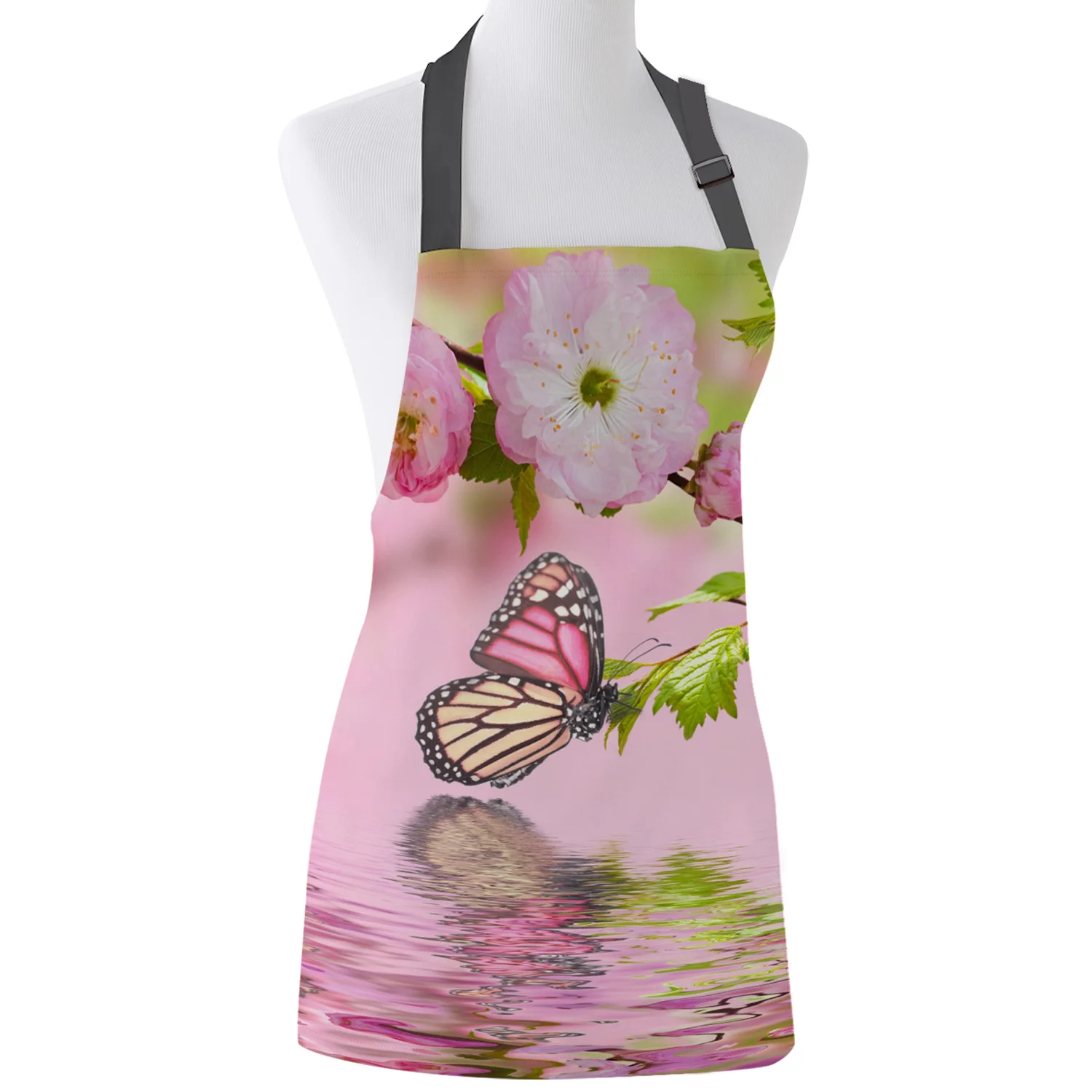 

Butterfly Water Wave Pink Flower Print Apron Print Unisex Kitchen Bib with Adjustable Neck for Cooking Gardening