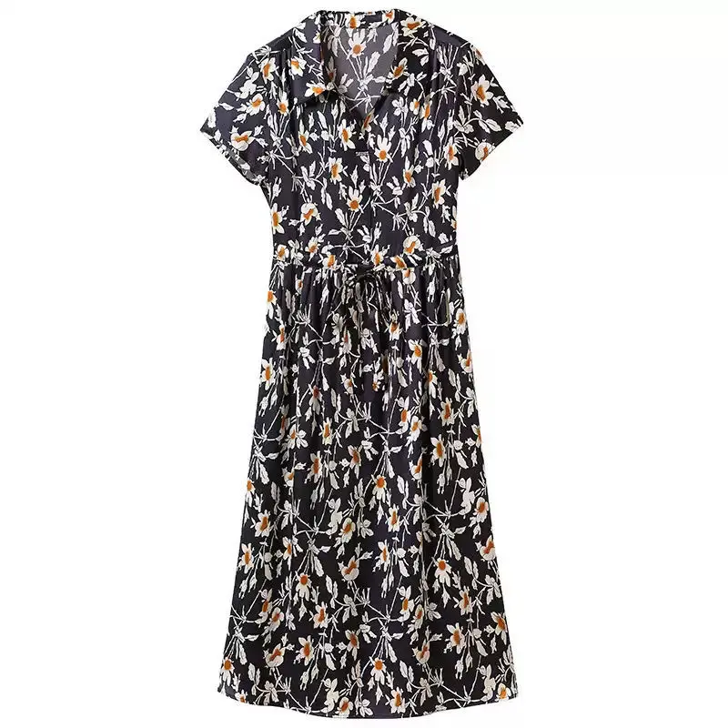 

Satin Silk Dress 2021 Summer New Women's Slim Sashes Floral Dress Brand Natural Mulberry Silk Dress