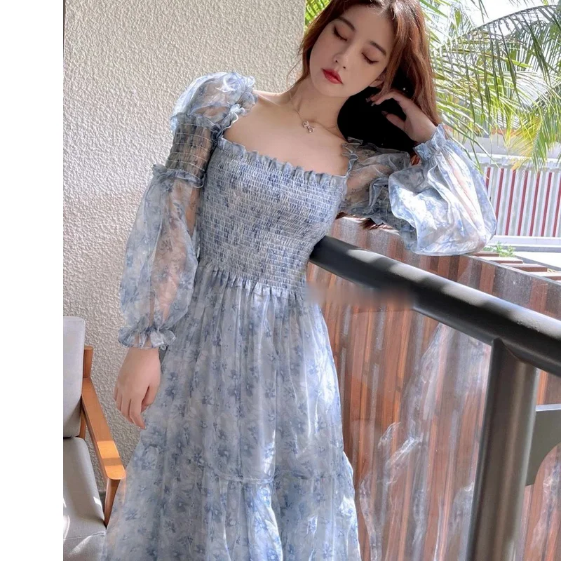 

Summer Kawaii Sweet Dress Female Puff Sleeve French Party Midi Korean Dress Floral Dress Women Elegant Patchwork Print 2021 New