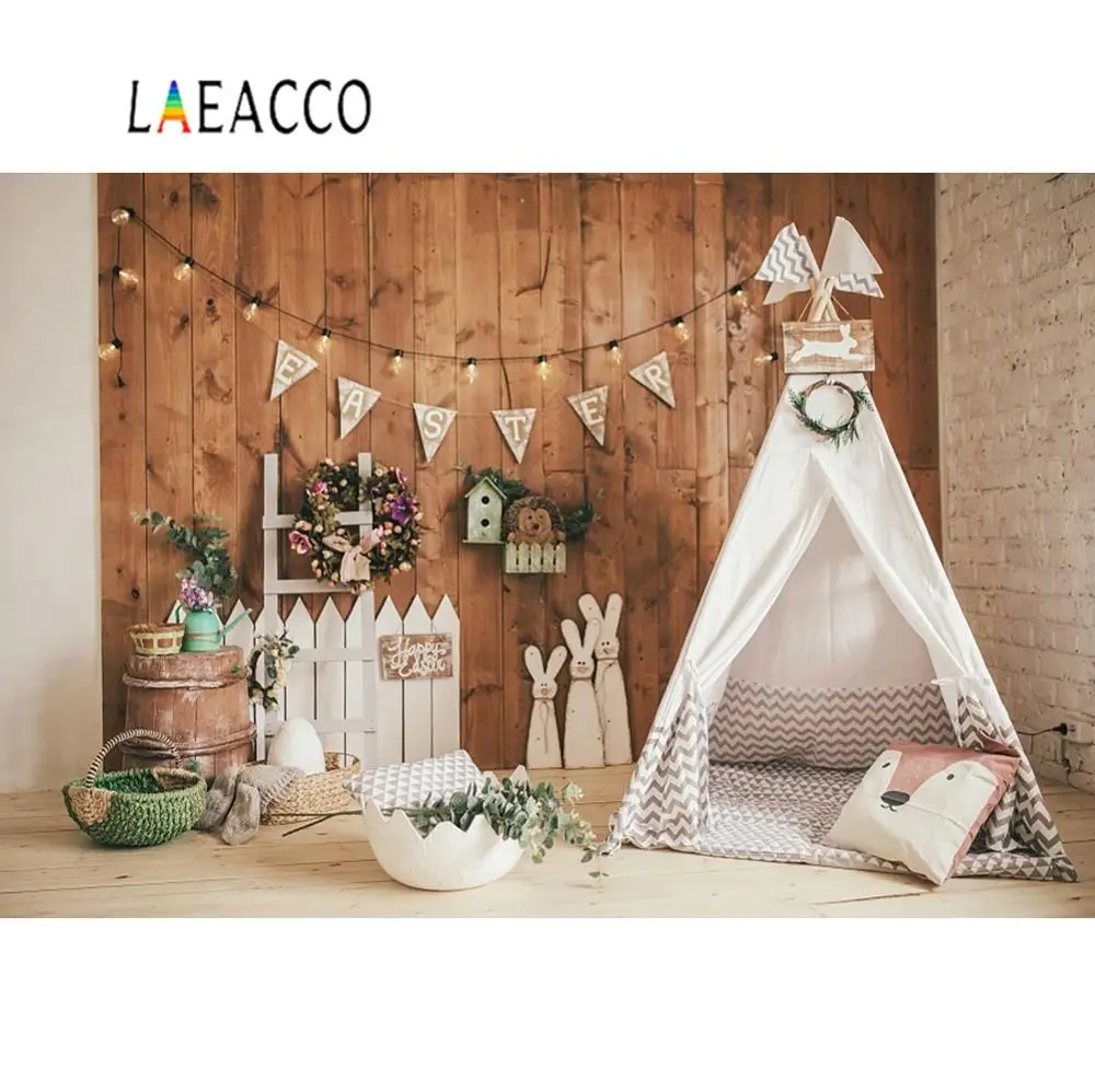 Laeacco пасхальные фоны для новорожденных палатка вигвам кролик деревянные стены Пол Вечерние Портретные фотографии фон фотостудия