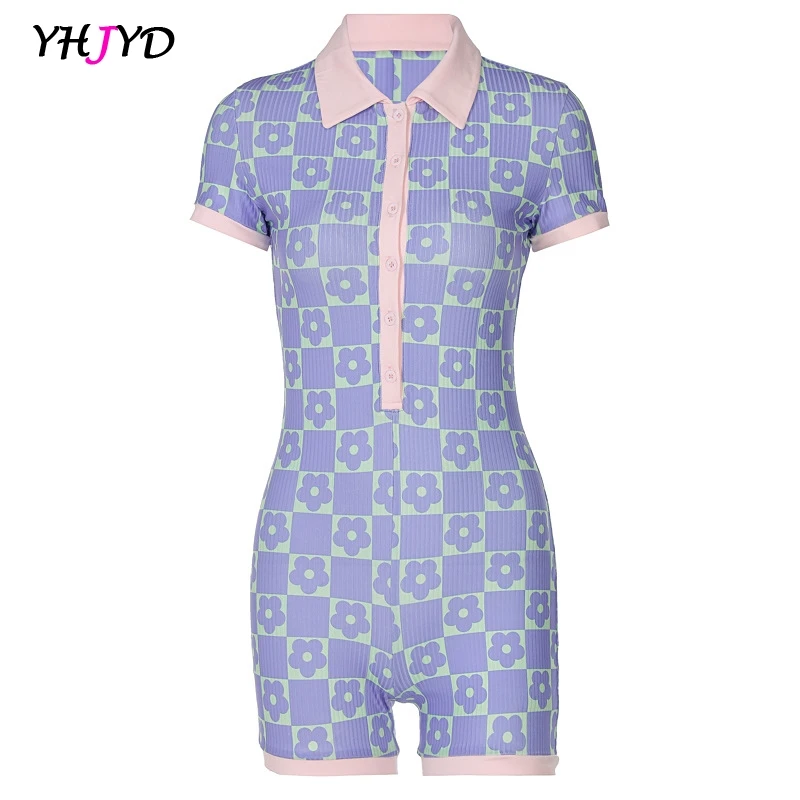 

2021 Summer Purple Short Sleeve Rompers Bodycon Women Casual Buttons Bodysuit V Neck Fashion Sexy Playsuit Y2K