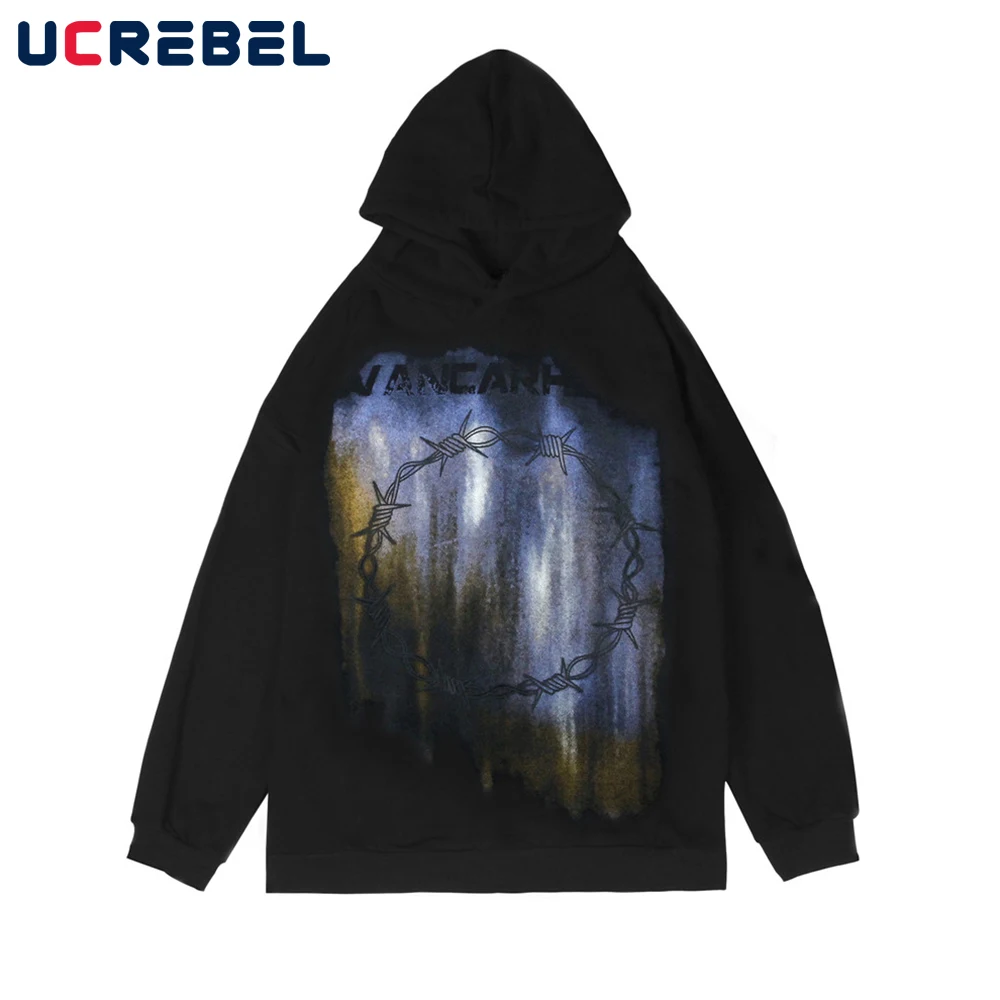 

Thorn Print Sweatshirts Mens Streetwear Autumn Casual Hoodies High Street Loose Long Sleeve Pullover Men