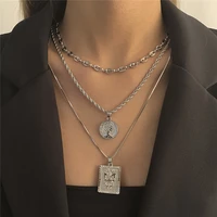 fashion ethnic style long geometric portrait necklace female hip hop trend twist chain butterfly square pendant necklace jewelry