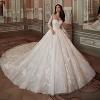 modest long sleeve luxury ball gown lace wedding dresses 2021 1m train 3d flowers bridal dress robe de mariee princesse de luxe