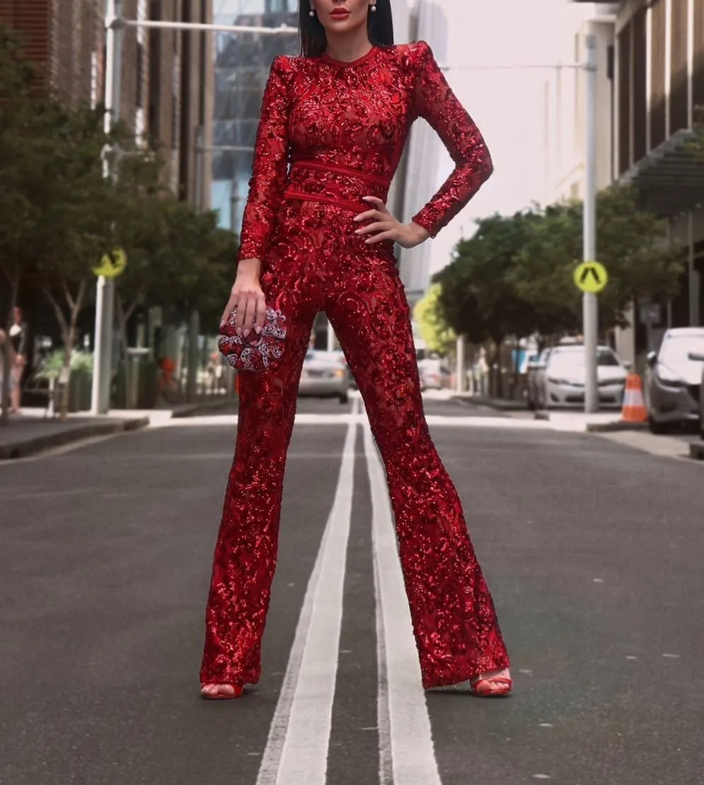 

2 Colors High Street Fashion Jumpsuits Women Elegant Club Celebrity Party White Red Long Sleeve Bandage Suits