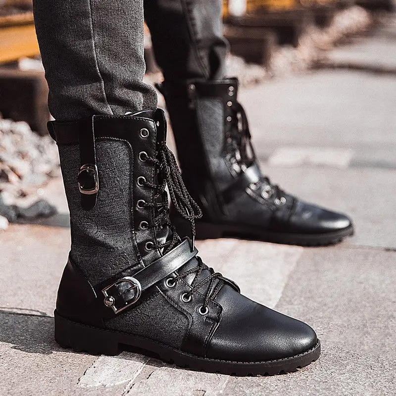 

Brand Winter Men Leather Boots Black Metal Buckle Military Mens Cowboy Boots Rock Style Tooling Shoes Men Punk Motorcycle Boots