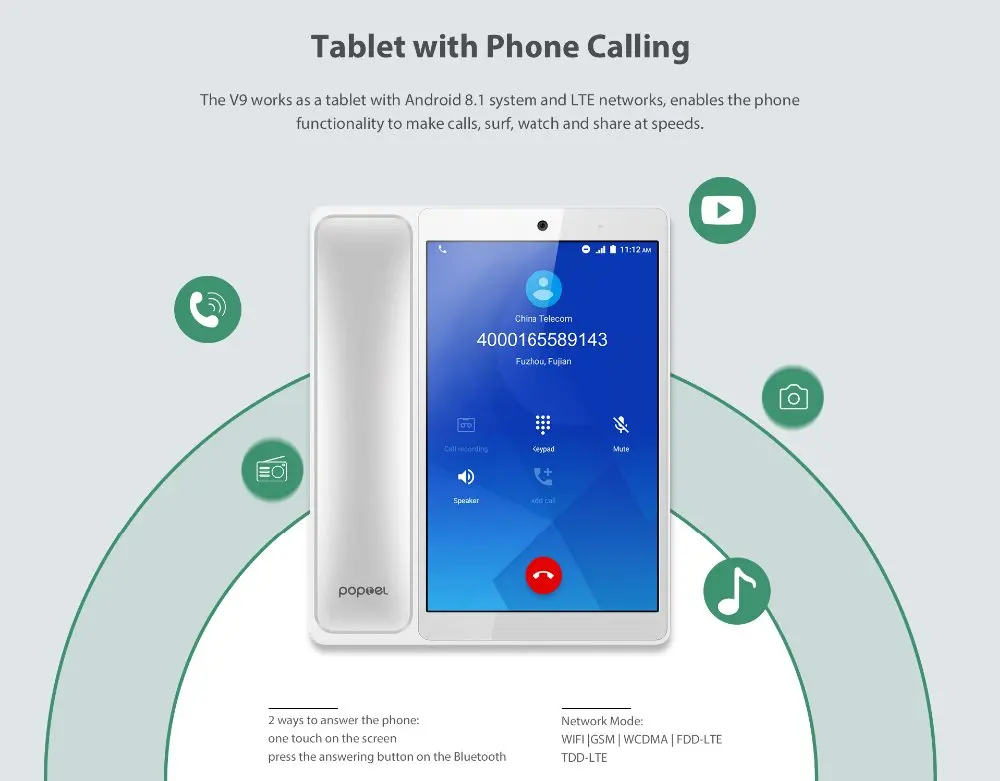 Poptel V9 видеофон 8 дюймов 2 г/16 г bluetooth трубка для дома и офиса IOT устройства планшет телефон note Таблица Поддержка Google play