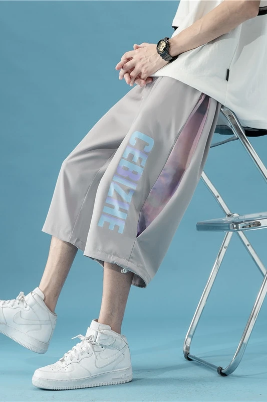 

Men's Summer Thin Cropped Pants Ice Silk Gradient Letter Print Loose Wide-Leg Pants