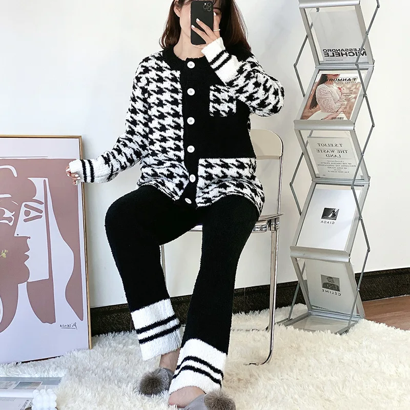 Spring Autumn Winter Women's Pyjama Plus Velvet Thick Pajama Set Soft Feather Yarn Sleepwear Cardigan Nightwear Comfort Homewear