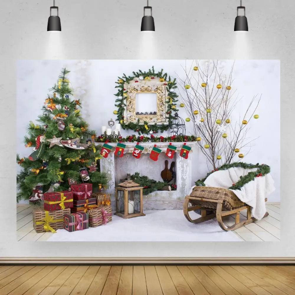 

Christmas Decoration Tree Sockings Fireplace Photography Background White Brick Wall Newborn Baby Shower Photo Background