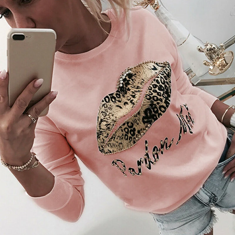 Beading Pink Women Sequins Lips Print Fashionable Sweatshirt Autumn Leopard Long Sleeve Beading Hoodie Lady O-neck Kawaii Sweatshirt Hoodies - Цвет: Beading Pink