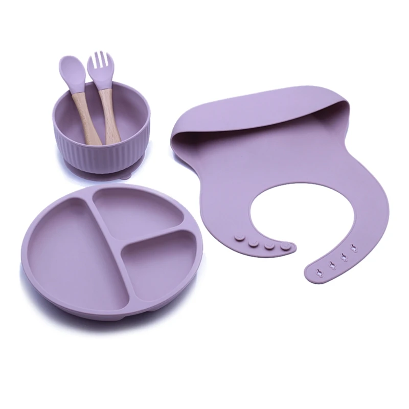 

5PCS Baby Feeding Tableware Food Grade Silicone Bowl Bib Placemat Fork Spoon Set
