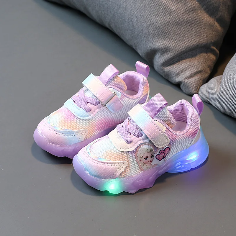 

Disney Children Shoes Frozen Aisha Princess Girls New Mesh Breathable Luminous LED Lights Comfortable Non-slip Sneakers for kids