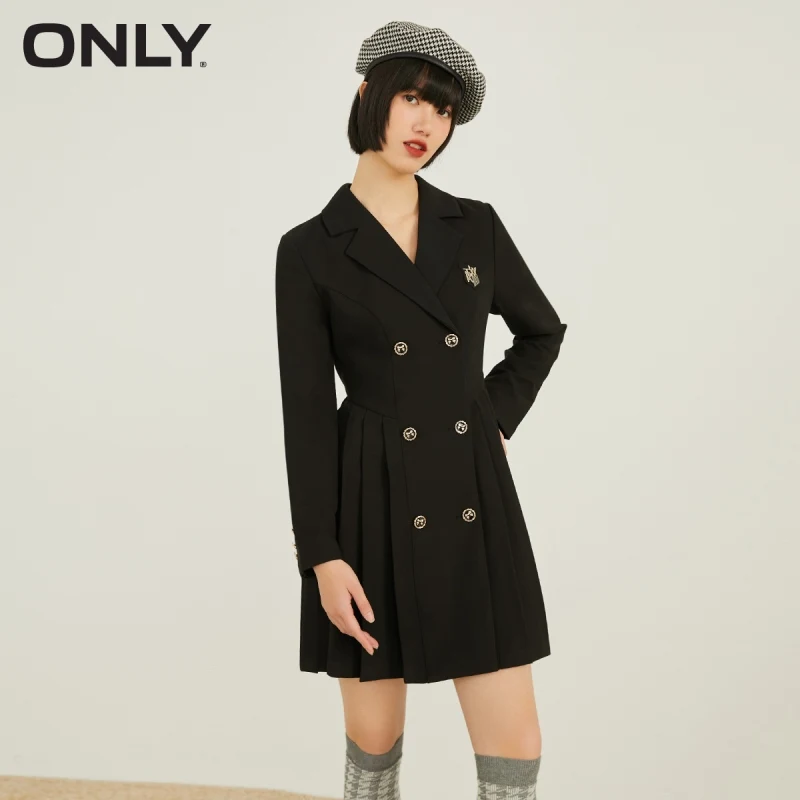 

ONLY winter new style college style pleated design sense suit collar V-neck dress female | 121407067