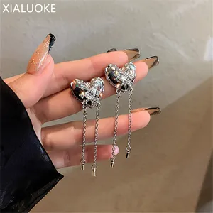 XIALUOKE Long Tassel Metal Chain Heart Mosaic Crystal Earrings For Women Elegant Personality Rhinestone Drop Earrings Jewelry