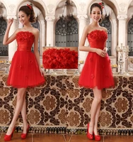 free shipping tube top 2018 new design hot handmade flowers prom short formal plus size peplum red prom bridesmaid dresses