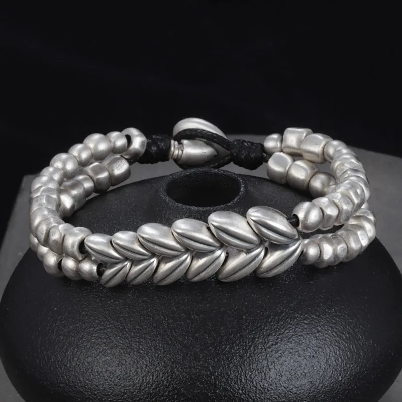 Silver bracelet women 990 pure silver wheat ear silver bracelet retro wide version Korean wax rope braided couple hand rope
