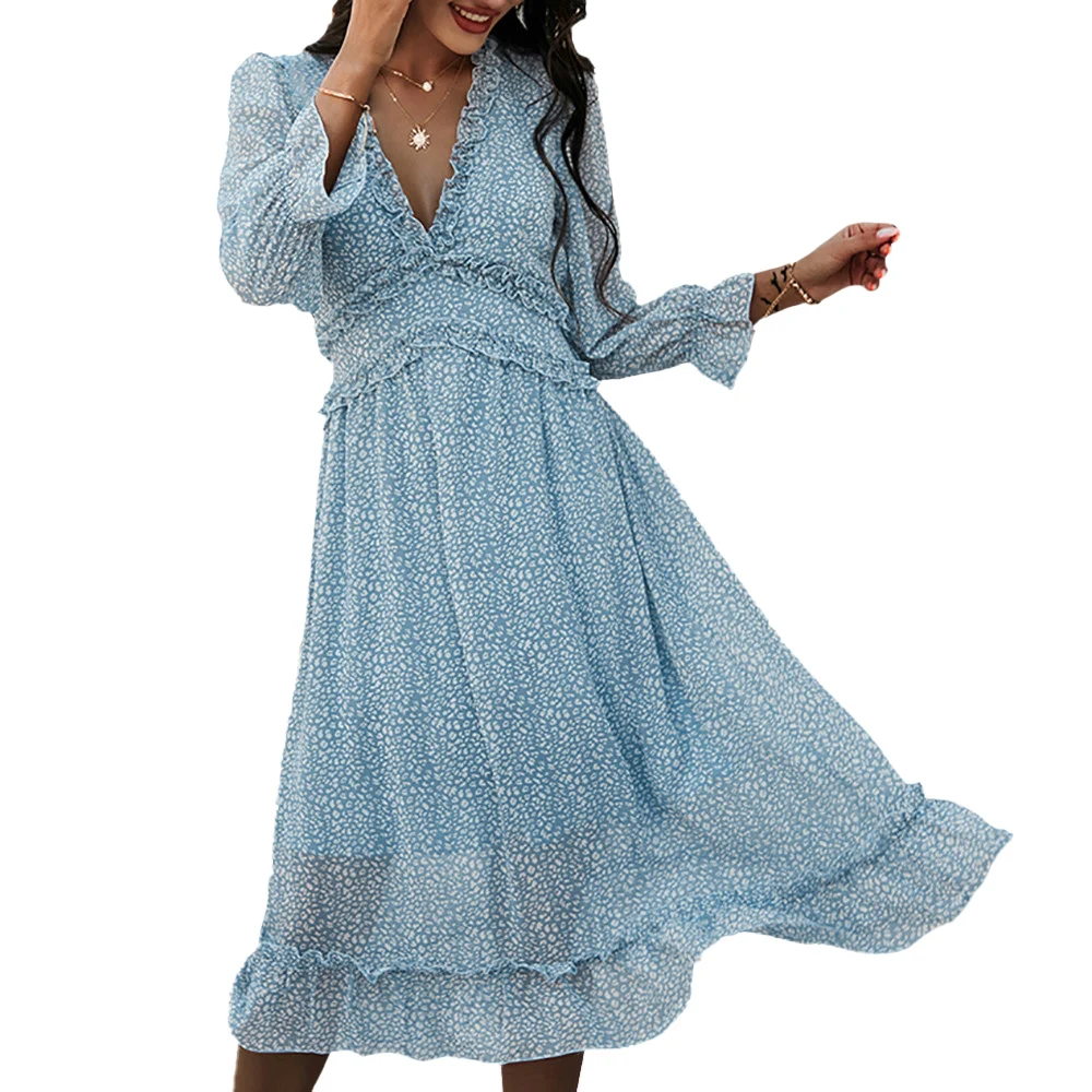 

Women Dresses Spring Ladies V Neck Floral Ruffled Dress Casual Long Sleeve Midi Dress Female Boho Leisure Party Vestidos 2021
