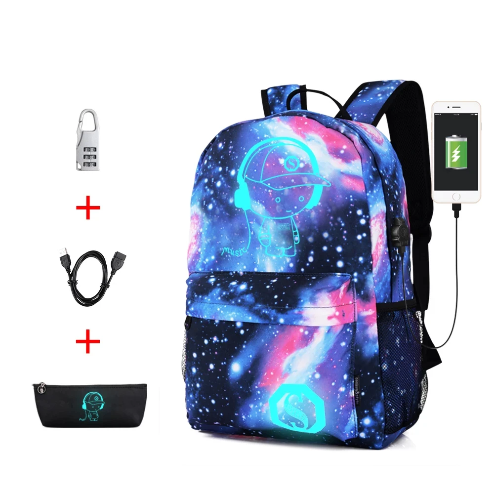 

Luminous School Bag Backpack for Teens Girls Boys Waterproof Backpack with USB Charger Port and Lock & Pencil Case Lightweight