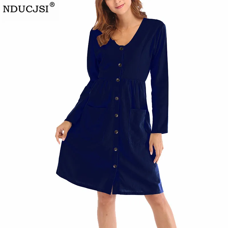 

Женское платье-рубашка NDUCJSI, с пуговицами, с длинным рукавом, вечерние, Осенние, с карманами, до колена, размера плюс, повседневные платья