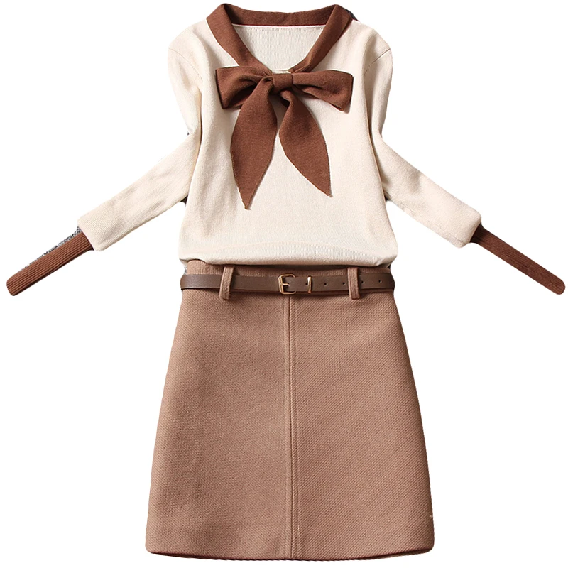 

office lady women skirts 2020 autumn new bow neck knitted sweater cardigan and high waist mini skirts female skirts suits