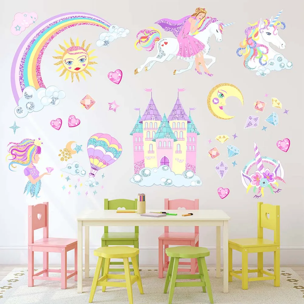 Наклейки на стену декор для комнаты Радужный замок принцесса ПВХ 3D единорог