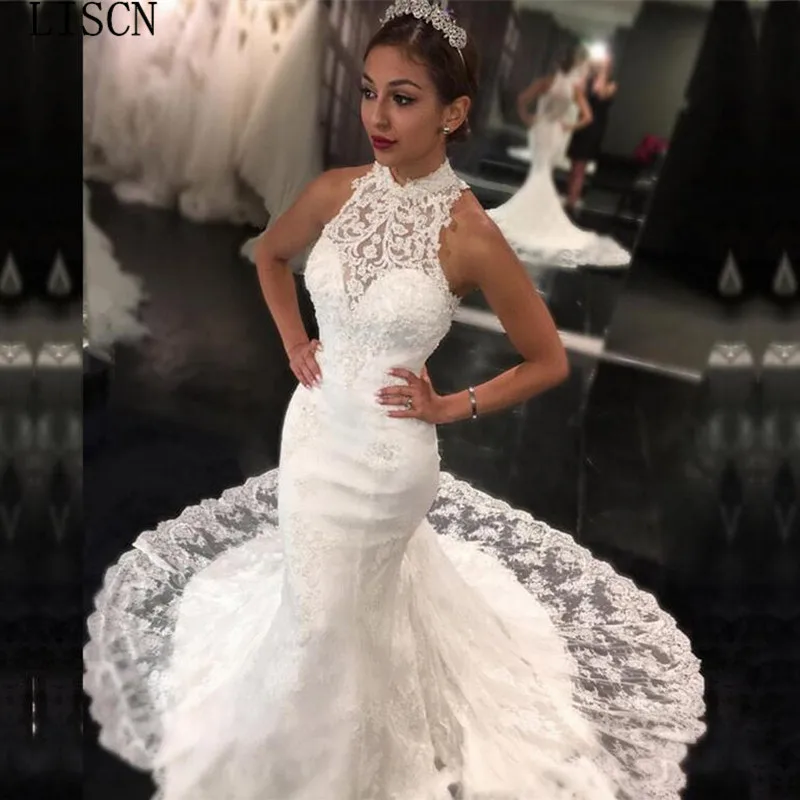 

Princess Fashion Crystal Pageant High Neck Custom Made Wedding Dress Mermaid Chapel Train Applique Bridal Gown Lace Dubai Africa