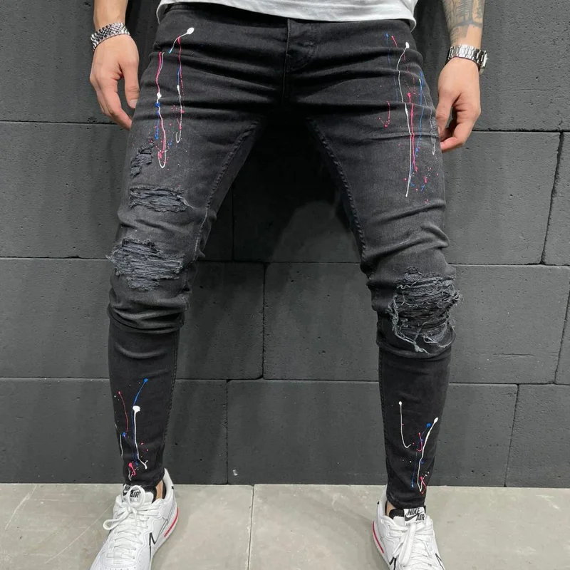 

Men jeans ripped skinny jeans Black pencil pants Hole party casual trousers street jean Pants denim male clothing
