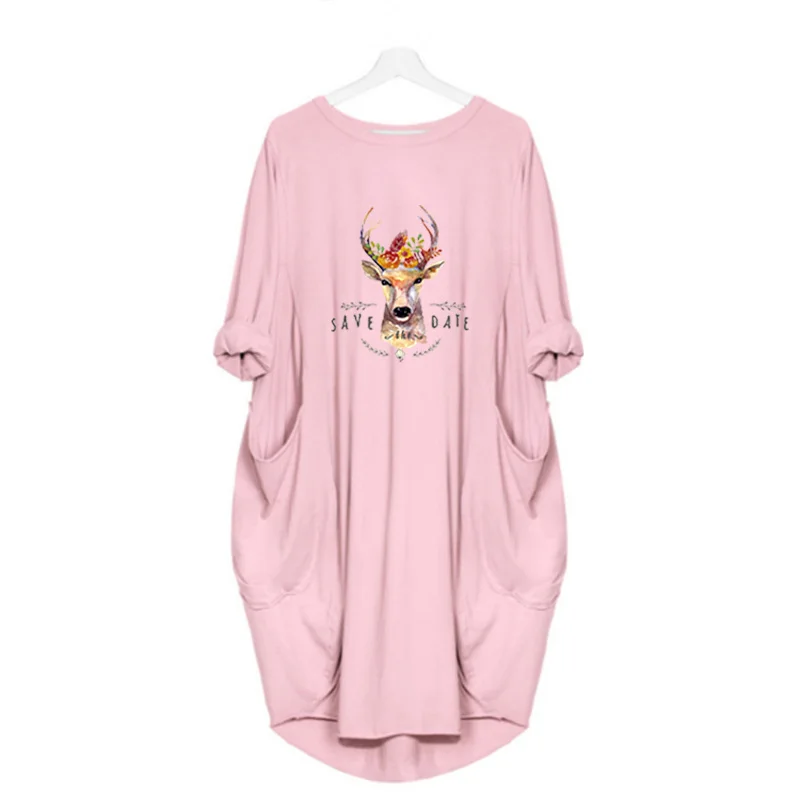 

Plus Size Loose Women Christmas Dresses Deer Cartoon Deer Print Long Sleeve o Neck Vintage Harajuku Elegant Party Clothes Robes