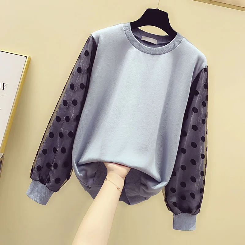 

Spring Autumn Loose Round Neck Sweatshirt Women's Polka Dot Voile Stitching Long Sleeve Hoodies Female Pullover Top Ropa Mujer