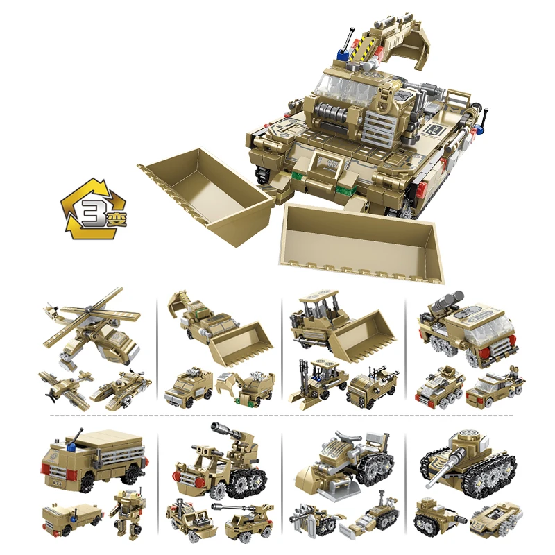 8 в 1 армия ww2 транспорт инженерное транспортное средство вертолет танк Кирпичи