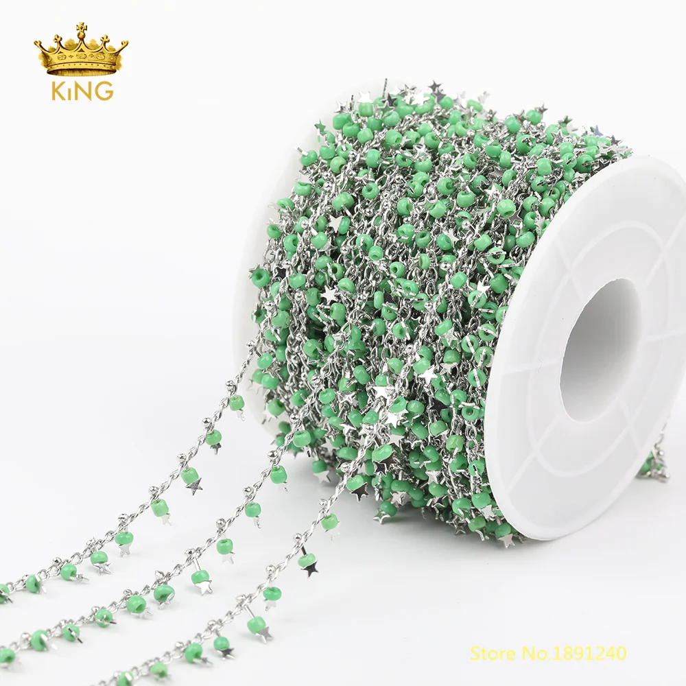

5meters Green Plastic Beads Rosary Chains Findings,Tiny Plastic Healing Star Charms Silver Copper Chains for Choker,Body Chain