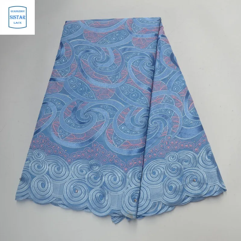 100% хлопок небесно голубой швейцарский вуаль кружево в Швейцарии с камнями